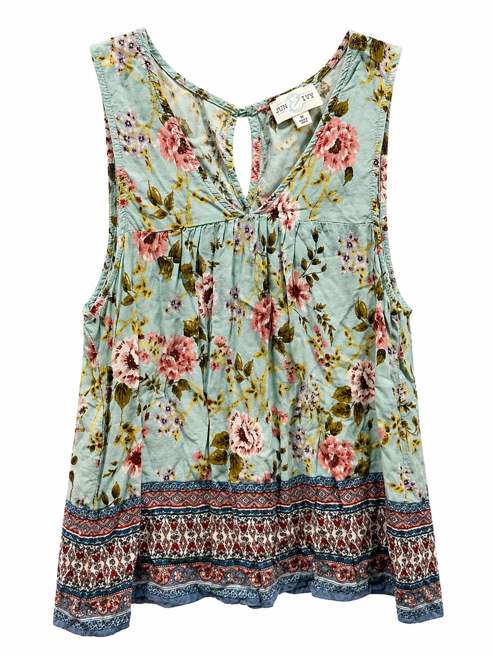 Floral Keyhole Tank Top in Light Blue Lightweight Summer Blouse